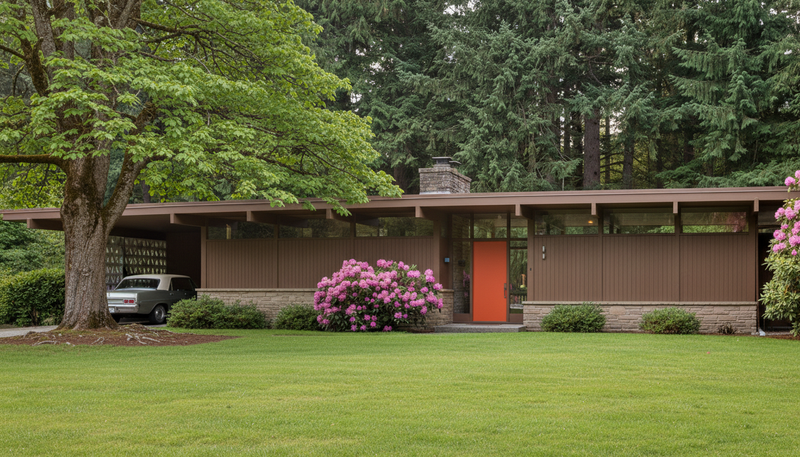 Mid-century rambler with mature trees in Pacific Northwest neighborhood